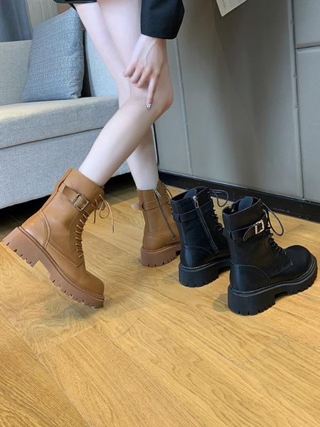 

med heel boots ankle booties women women's rubber shoes rain round toe lace up platform boots-women low autumn ladies, Black