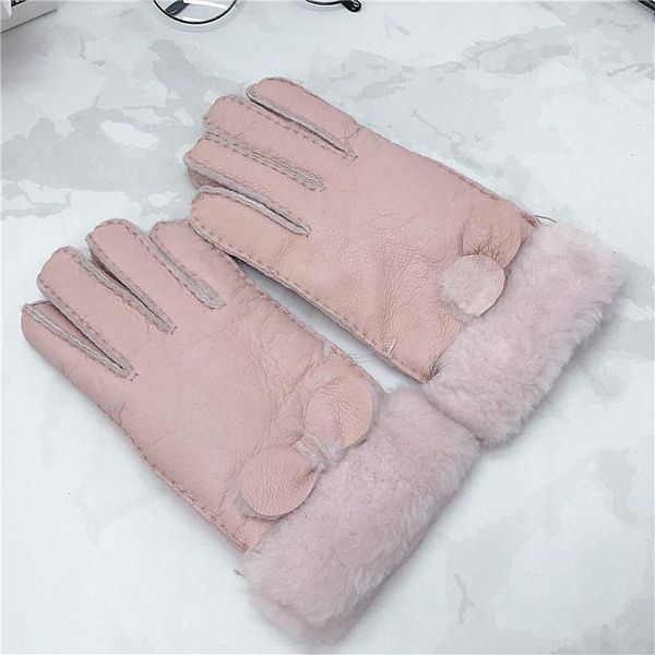 

women winter gloves soft natural wool leather with fluffy fur lining for female outdoor warm thickenning solid color gloves, Blue;gray