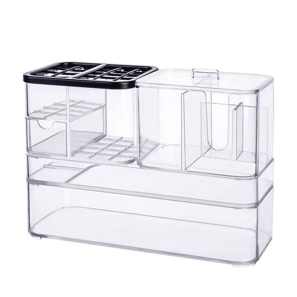 

large clear cosmetic storage organizer set of 4 plastic storage cases for skin care products makeup brushes lipsticks cotton pads and buds