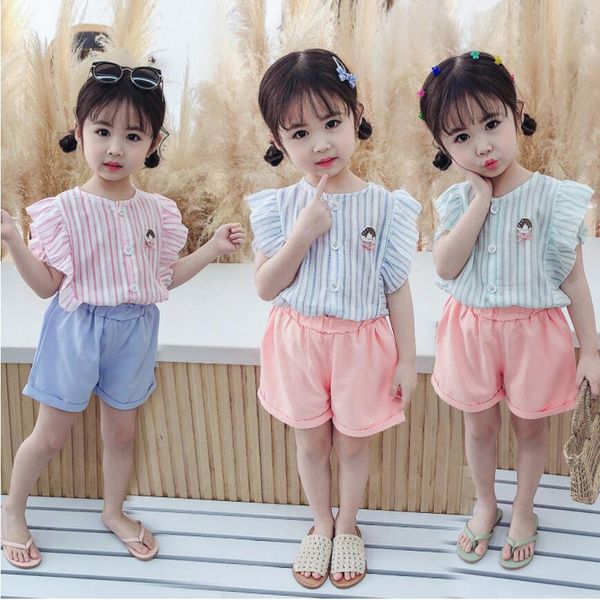 

summer cotton sliver lace sleeve short suit kids clothes casual clothing for baby girls kg-256, White