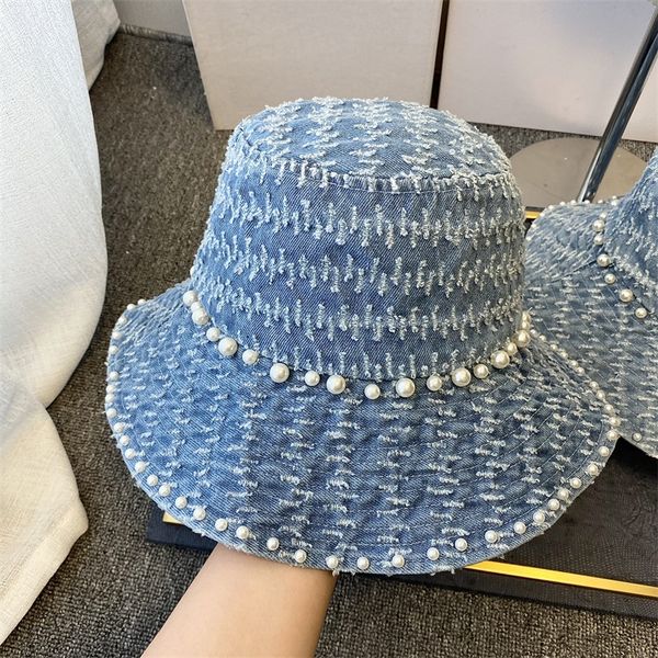 

cloches 3 colors women designer hats denim bucket with pearls scratched skateboard cap fashion adjustable accessories