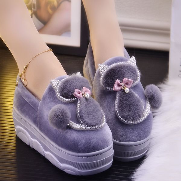 

2020 winter new cartoon cat outdoor cotton shoes, women's fashion thick soles home cute cotton shoes, Black