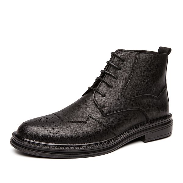 

boots men's casual cow leather flats platform tooling shoes lace-up carved brogue ankle boot outdoors shorts botas zapatos male, Black