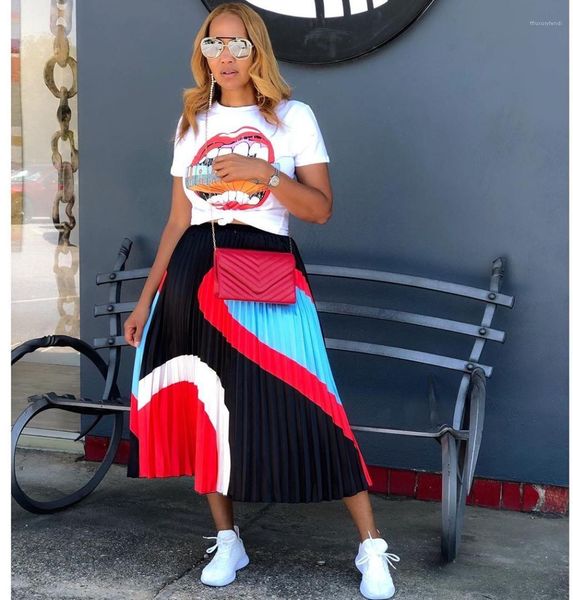 

summer casual long a line skirt famale designer clothes womens contrast color pleated skirt fashion, Black