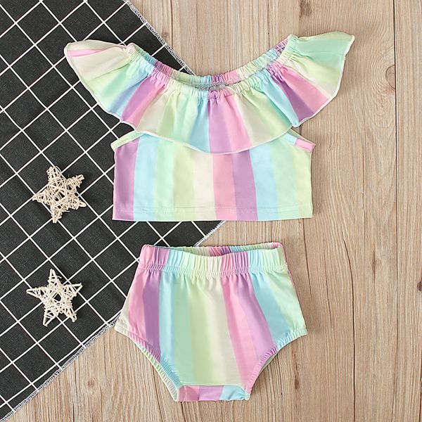

2pcs/set baby girl summer clothing set rainbow ruffle pants brief outfit sunsuit for kid clothes toddler children newborn, White