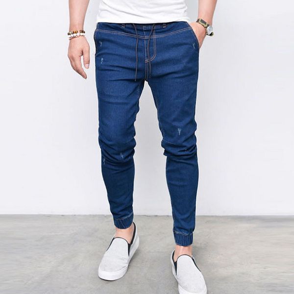 

men's jeans lace up stretch soft men arrival drawstring pants for male pencil slim casual, Blue
