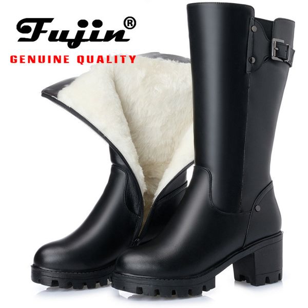 

fujin wool snow boot women genuine leather warm fur warm shoes zipper plush boots high heel platform for women winter boots, Black