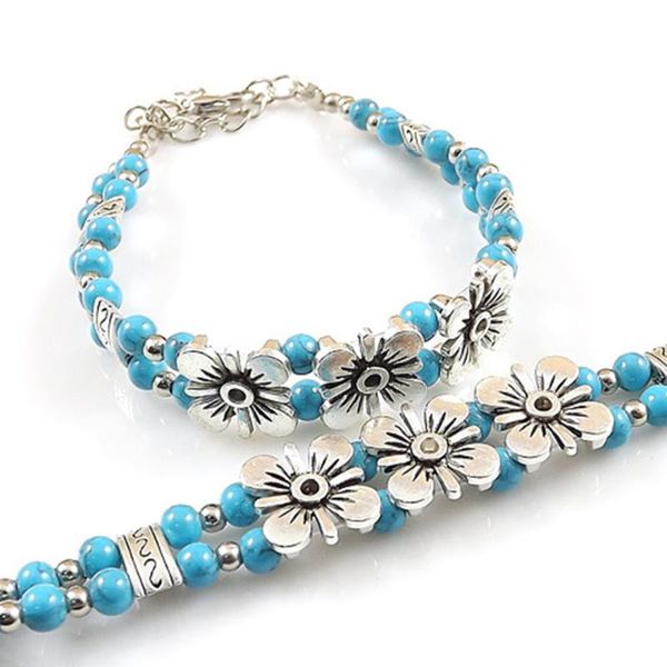 

women ethnic retro tibetan silver bracelet bohemia double rows beads flower moon charm bracelets & bangles fashion jewelry, Golden;silver