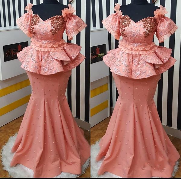 

dubai plus size mermaid evening dresses aso ebi major pearls short sleeves prom dress ruffles peplum appliques robe de soiree, Black
