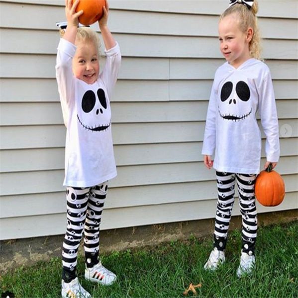 

halloween 2 piece pajamas set hooded blouse t-shirt striped pants baby girls tracksuits fashion outfits casual child clothing ly917, White