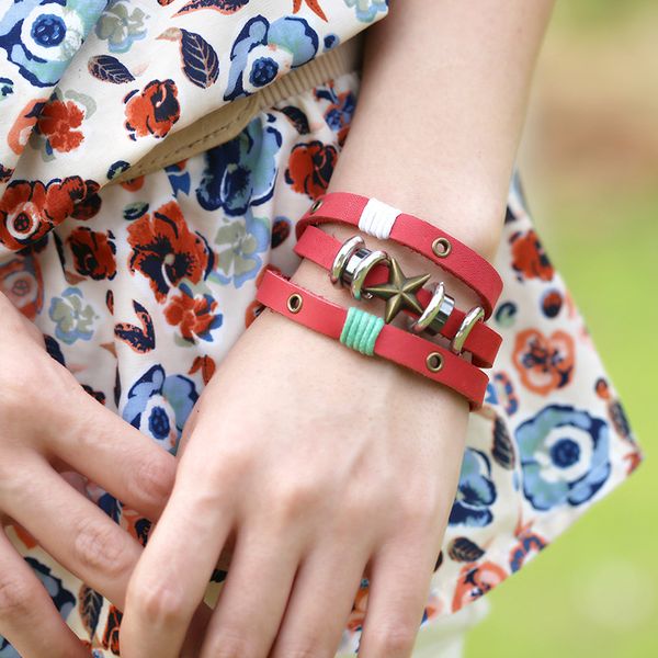 

tennis 2021 fashion hight street leather multilayer bracelet woman gold five star lady luxury wrap catwalk jewelry, Golden;silver