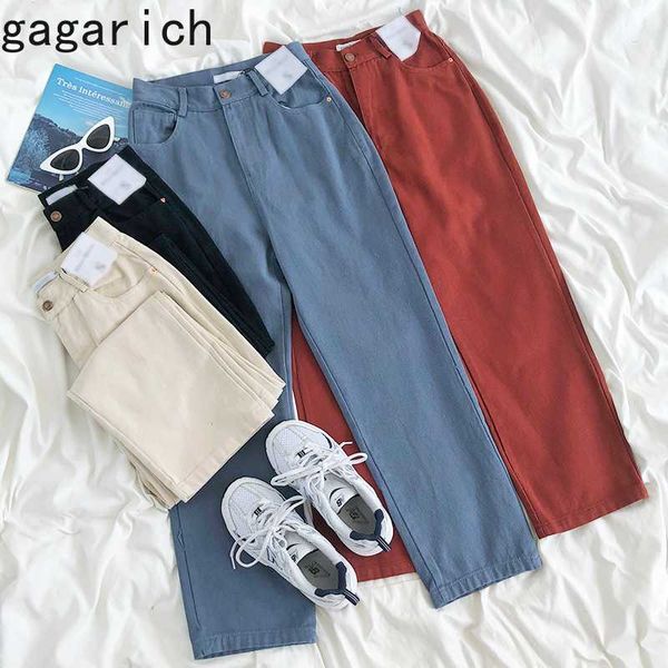 

gagarich women casual pants denim retro solid color temperament wear high waist slim simple straight casual trousers fashion, Black;white