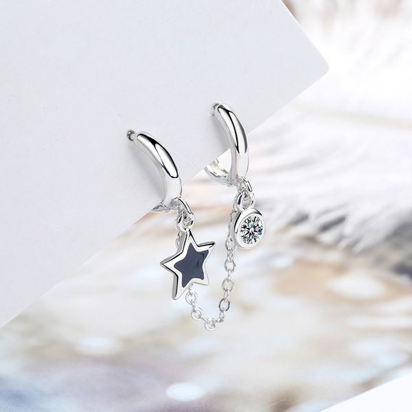

hoop & huggie black star charming hoops with chains link zircon earrings for women one piece trendy wedding jewelry ali20037, Golden;silver