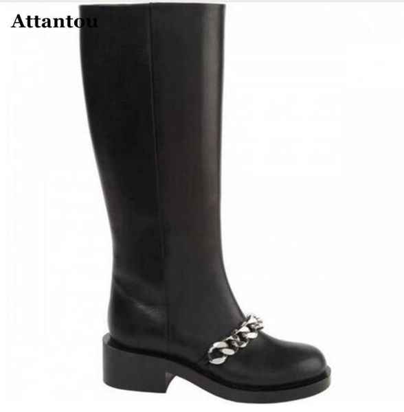 

designer chains motorcycle boots women gladiator botte femme genuine leather women long boots knee high shoes woman winter, Black