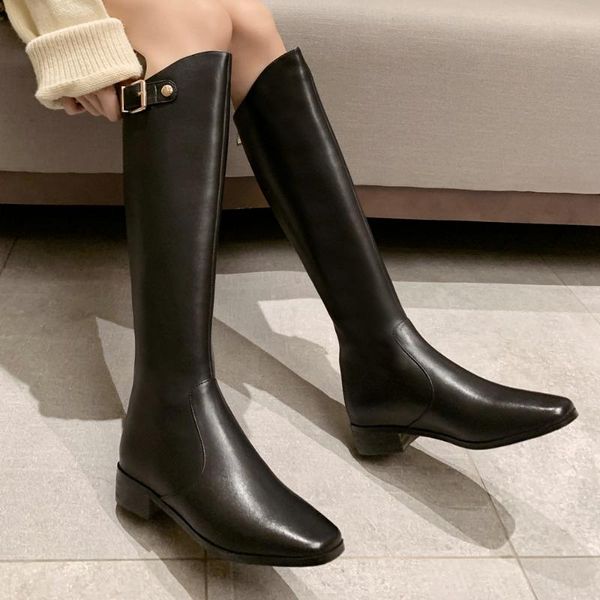 

women genuine leather square heels knee high boots round toe zip fall winter fashion zip daily black brown boots shoes 2020