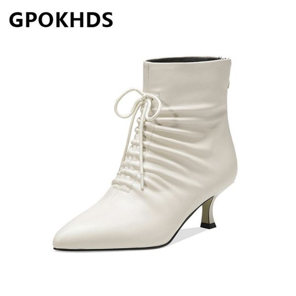 

gpokhds 2021 women ankle boots cow leather winter short plush pointed toe zipper pleated high heels female boots size 39, Black