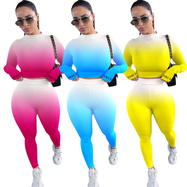 

women two piece set designer gradient long sleeve t shirts tight trouser outfits plus size ladies fashion casual clothing fall new 16, White