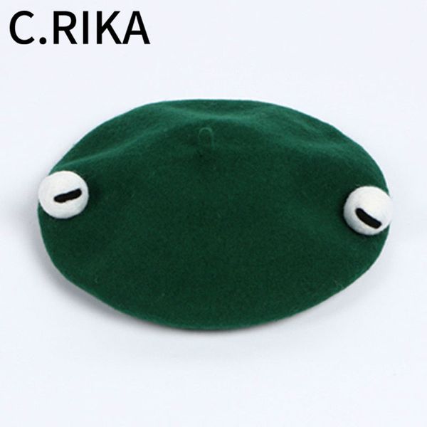 

autumn winter new women manual wool lovely funny frog beret cute vintage forgive green hat novelty girls beret hat french, Blue;gray