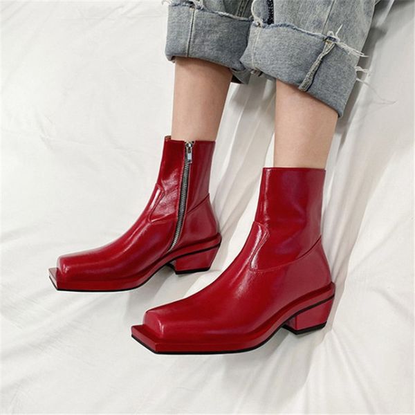 

boots pxelena ins celebrity women genuine leather ankle strange med heels shoes 2021 autumn winter daily office short lady, Black