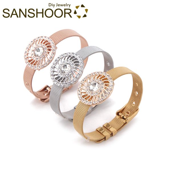 

tennis sanshoor 21cm mesh stainless steel keeper bracelet set with 2.8cm crystal circle slide charms for women christmas gifts 1set, Golden;silver