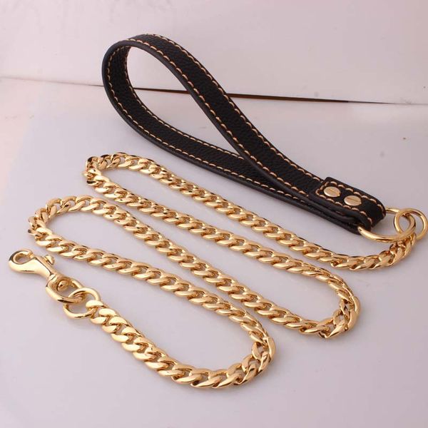 

chains 316l stainless steel pet dog chain leash heavy duty big daily training link leather handle traction rope 125/130cm, Silver