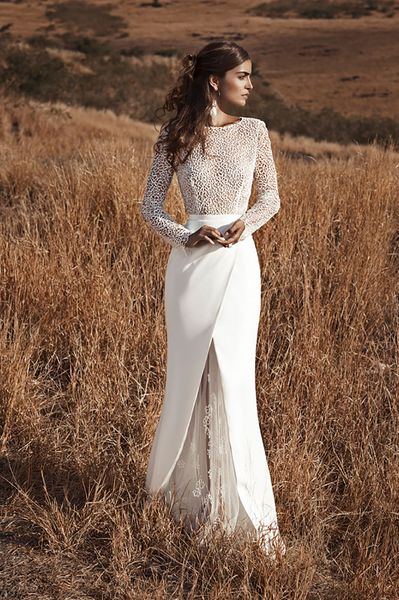 2021 Abiti da sposa a tromba stile rustico illusione sexy maniche lunghe aperte sul retro abito da sposa lungo sirena abiti da sposa country vestidos