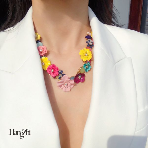 

hangzhi 2020 new trendy sweet exaggeration colorful metal summer flowers necklace for women girl party travel jewelry gift, Silver
