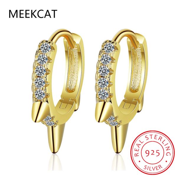 

925 sterling silver cz rainbow tiny spike huggie hoop earrings for women punk gold silver color bead rivet round earrings, Golden;silver