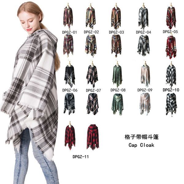 

2020 european and american spring, autumn and winter new colorful plaid hooded cloak hedging air conditioning shawl, Blue;gray