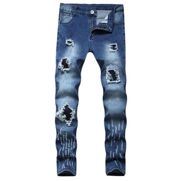 

designer mens jeans holes frayed hip hop ripped blue skinny stretch casual slim leg streetwear distressed biker jeans male denim pants