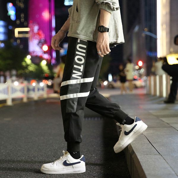 

2020 new mens korean fashion ninth pants sport pants harness foot overalls man cargo, Black