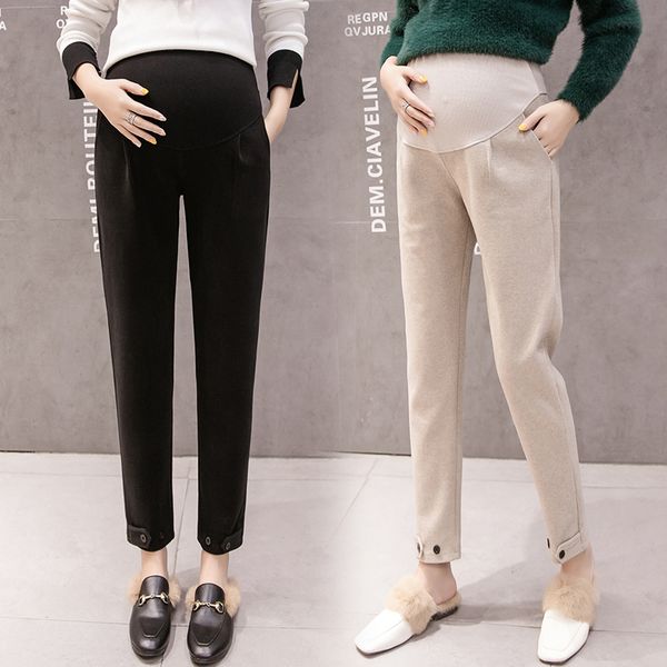 

686# autumn winter korean fashion woolen maternity pants adjustable belly pants clothes for pregnant women pregnancy trousers, White