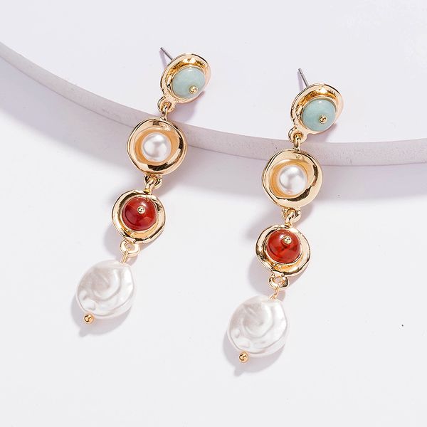 

Design elegant palace wild retro ladies jewelry pearl tassel long natural stone pendant earrings