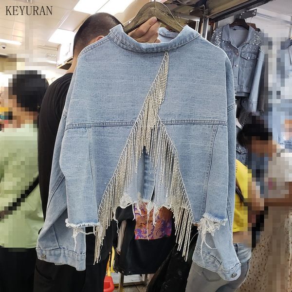 

2020 spring autumn light blue denim pockets diamonds tassel short cropped jacket women size loose coat, Black;brown