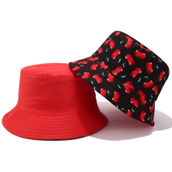 

cloches summer cherry print double wearing bucket hats cute cotton sun for men women simple stylish foldable leisure wholesale, Blue;gray