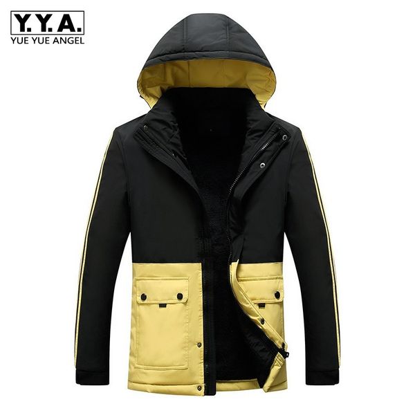 

men winter down jacket multi-pockets zip loose hooded coat splice thicken parkas cotton inside warm outerwear plus size 4xl, Black