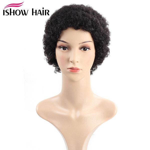 

ishow straight short wigs brazilian virgin hair kinky curly human hair wigs with baby hair 8inch swiss lace, Black;brown