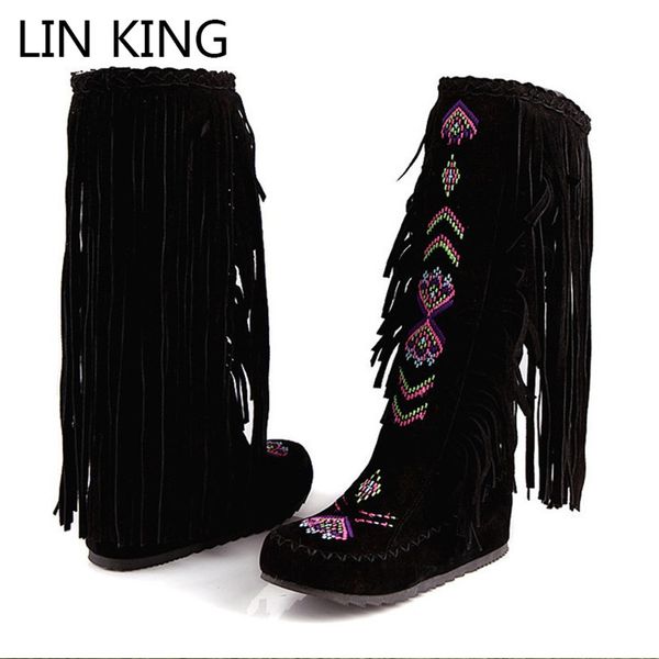 

lin king women long boots warm fur winter motorcycle shoes tassels gladiator boots height increase knee high big size 48, Black