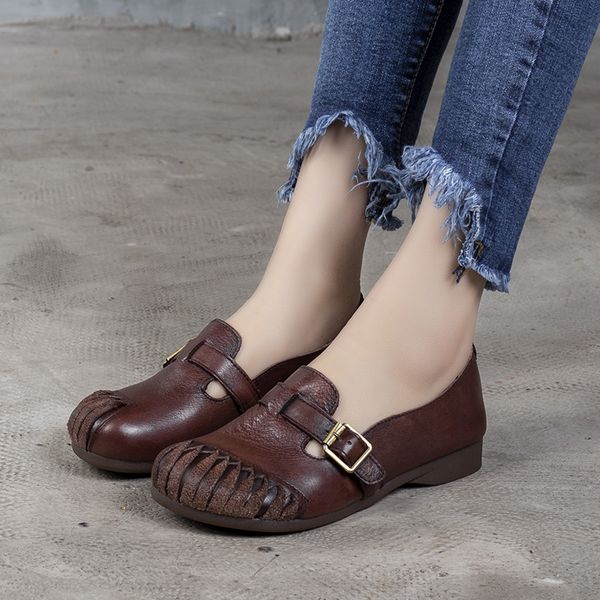

vallu 2020 spring handmade leather women's shoes overshoes leather loafers belt buckle casual low-heeled shoes women, Black