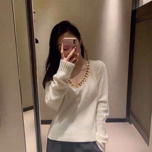 

2020fw winner new women chains 100% wool knitted jumpers sweater female fashion luxury sweater 2 color gdnz 8.26, White;black