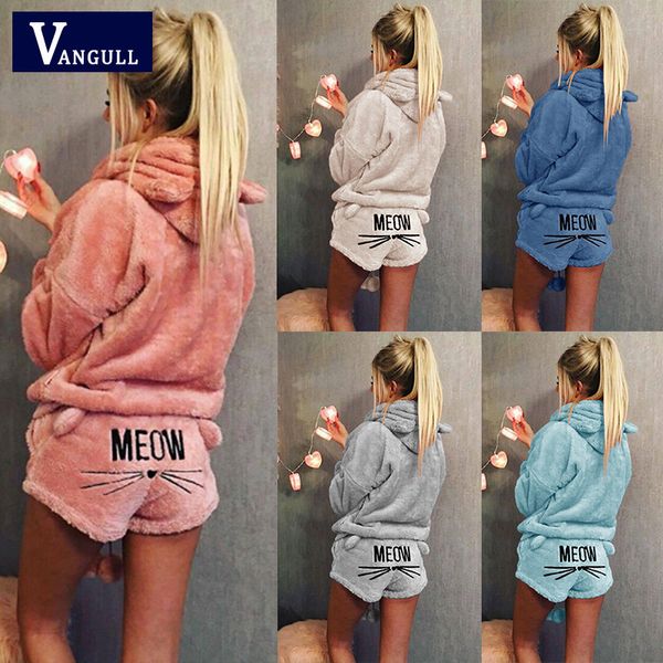 

women coral velvet suit two piece autumn winter pajamas warm sleepwear cute cat meow pattern hoodies shorts set vangull new x0923, Gray
