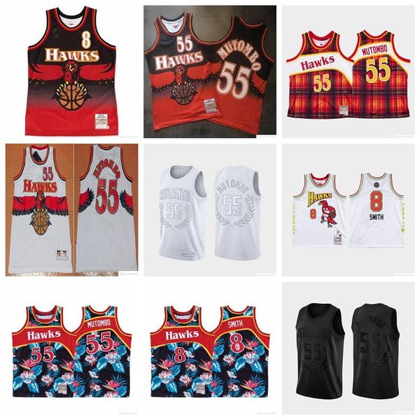 

men atlanta hawks steve smith 8 dikembe mutombo 55 mitchell & ness teal road 1996-97 hardwoods classics white authentic jersey, Black;red