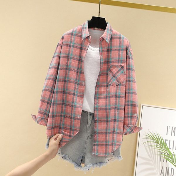 

selling designer high-quality womens plaid shirt 2020 spring autumn new european american wild loose retro stitching long-sleeved jacket, White