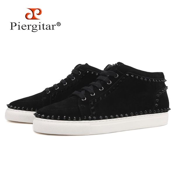 

piergitar handcraft cow suede men sneaker with black metal spikes sporty style men loafers white color bottom sports shoes