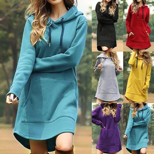 

women solid hoody dress autumn casual pocket warm oversized long sweatshirt loose long sleeve irregular hem woman hoodies dress, Black