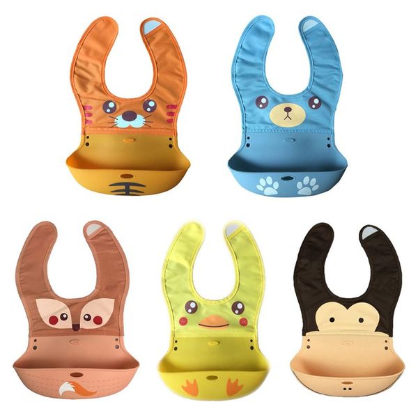 

waterproof baby silicone bibs cartoon animal infant feeding catcher pocket a2ub, Slivery;white