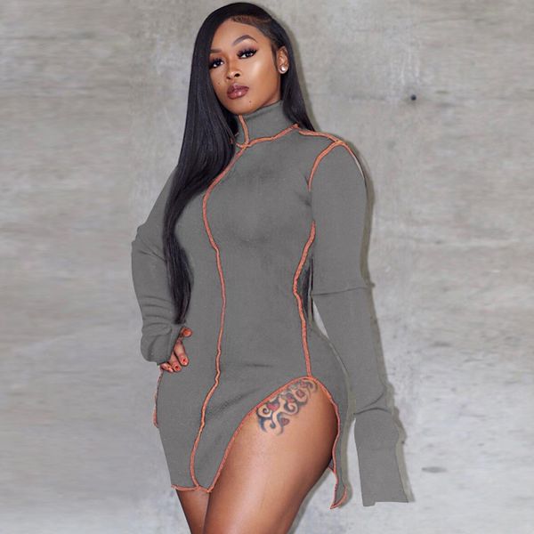 

women casual mini dresses stand collar fashion bodycon patchwork long sleeve lady skinny clubwear autumn party dress, Black;gray