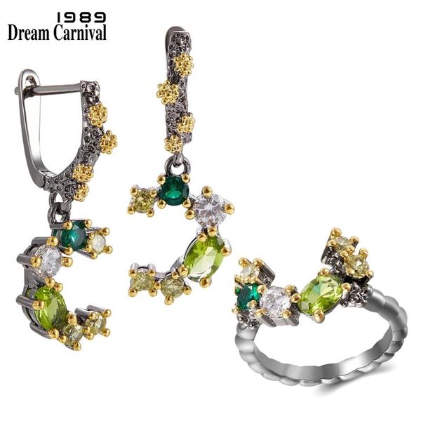 

dreamcarnival1989 brand quality rings + earrings set wedding engagement jewelry dazzling green tone colors zircons er3948s2, Silver