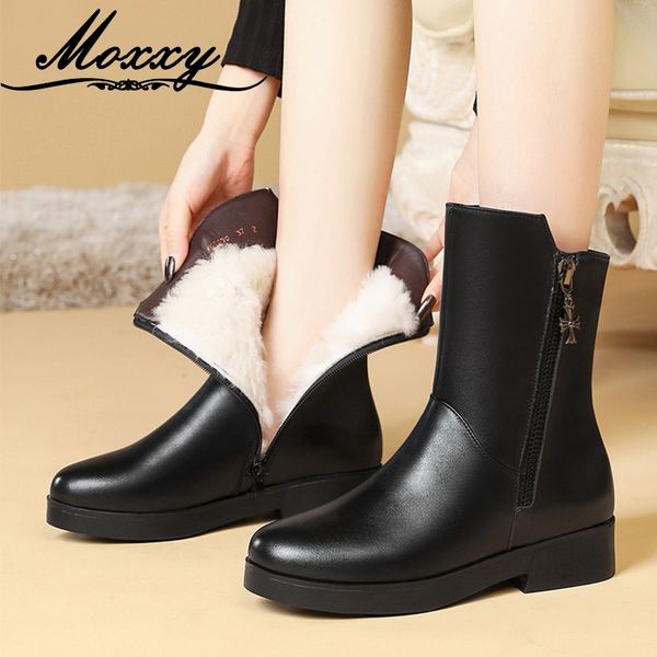 

moxxy black ankle boots for women new casual warm fur winter boots leather combat fashion plush gothic shoes woman 2020