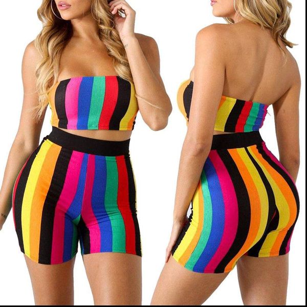 

fashion womens summer clothes sets 2 piece outfits bodycon stripe print strapless tube crop and high waist shorts, Gray